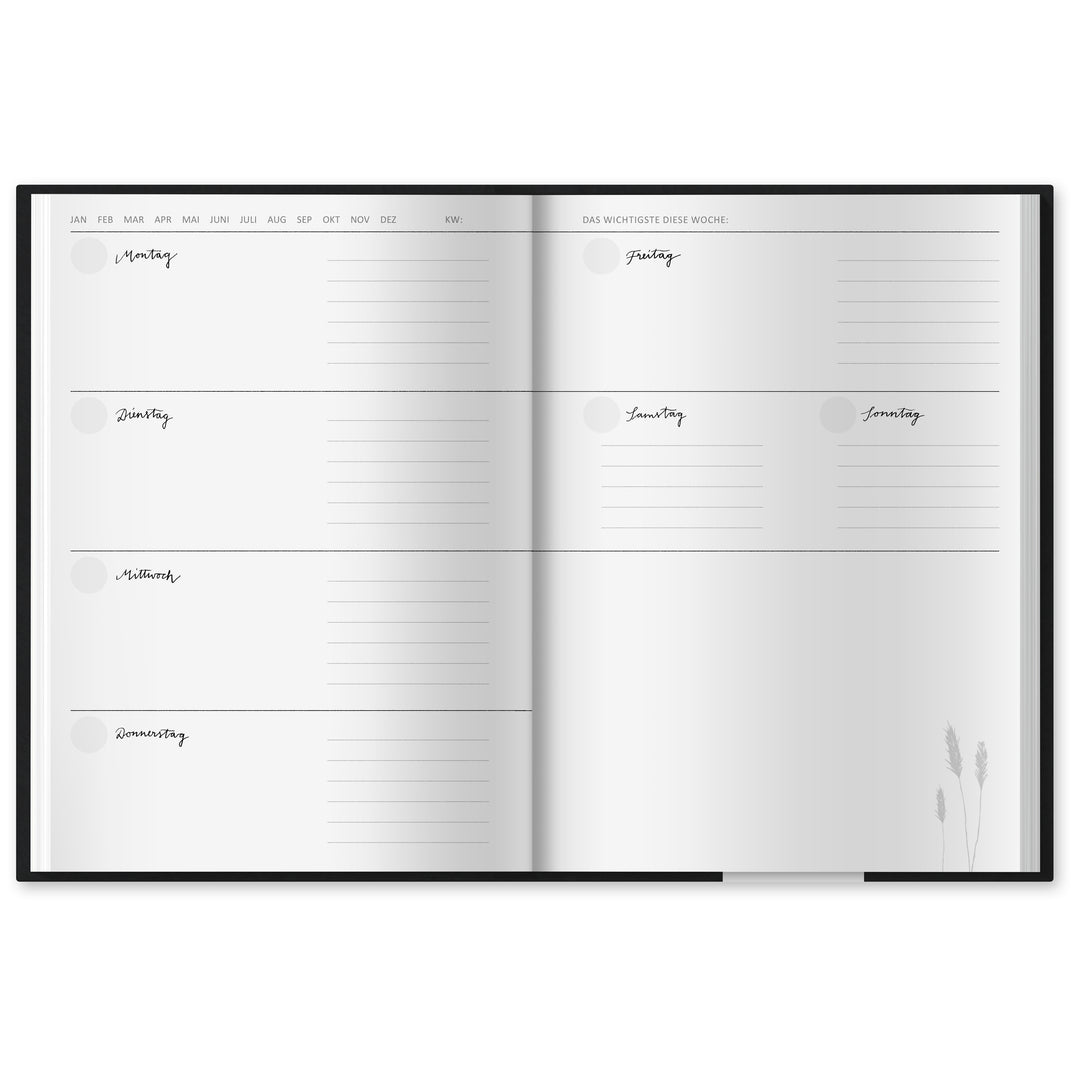 A5 Terminkalender - Kalender ohne Jahr | Wochenplaner und Notizbuch für mehr Achtsamkeit | Hardcover Taschenkalender & Terminplaner | Schwarz Weiß schlicht