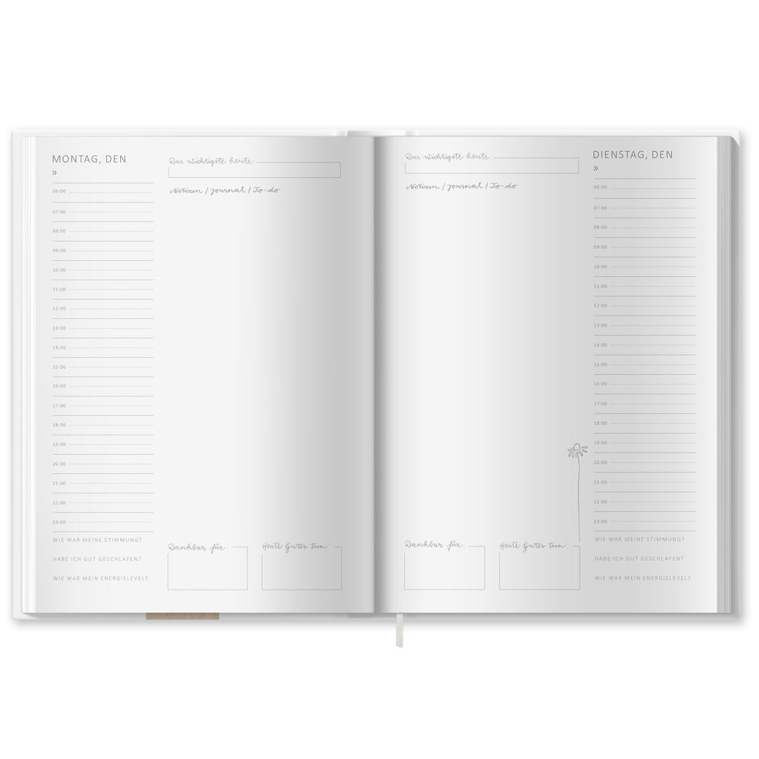 A5 Terminkalender undatiert - Klar durchs Jahr | Tagesplaner und Notizbuch für mehr Achtsamkeit | Hardcover Taschenkalender Terminplaner | Weiß