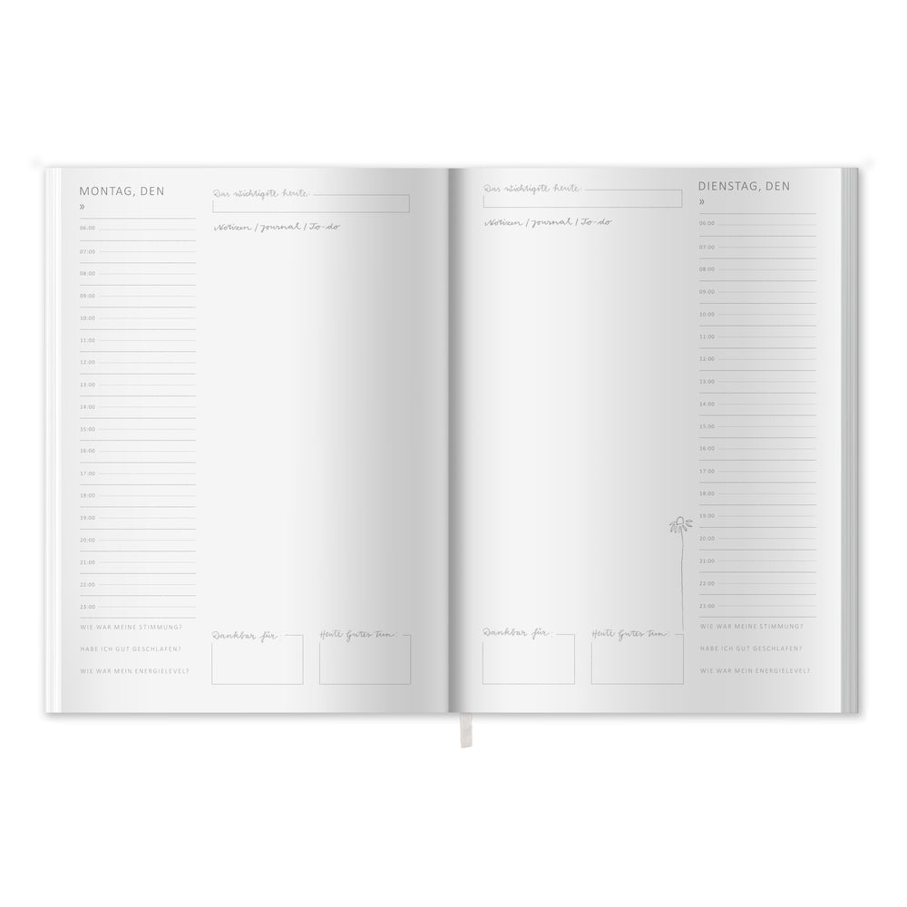 A5 Terminkalender undatiert - Klar durchs Jahr | Tagesplaner und Notizbuch für mehr Achtsamkeit | Softcover Taschenkalender Terminplaner | Grün Weiß