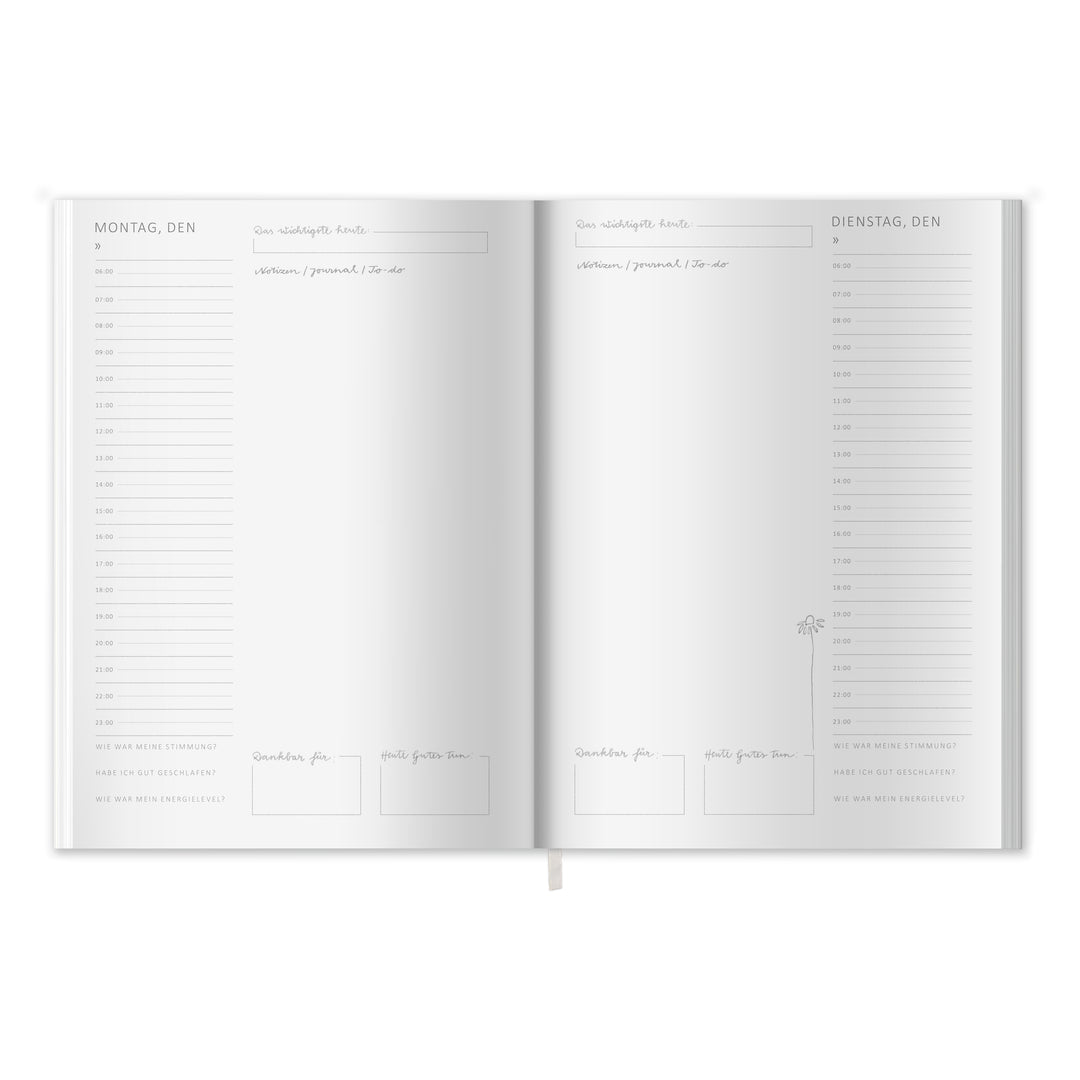 A5 Terminkalender undatiert - Klar durchs Jahr | Tagesplaner und Notizbuch für mehr Achtsamkeit | Softcover Taschenkalender Terminplaner | Grün Weiß