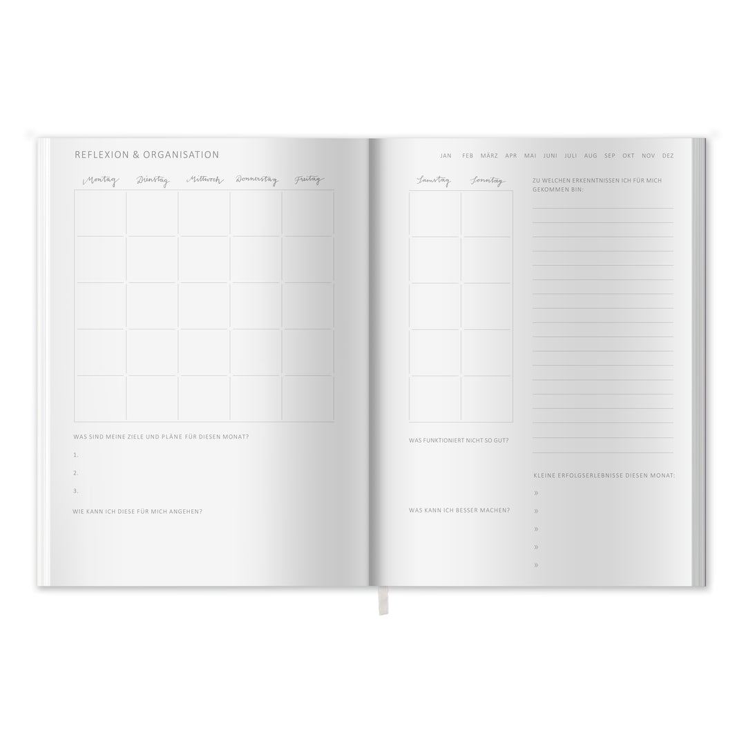 A5 Terminkalender - Kalender ohne Jahr quer | Wochenplaner und Achtsamkeit Notizbuch | Softcover Taschenkalender & Terminplaner | Violett Lila Weiß