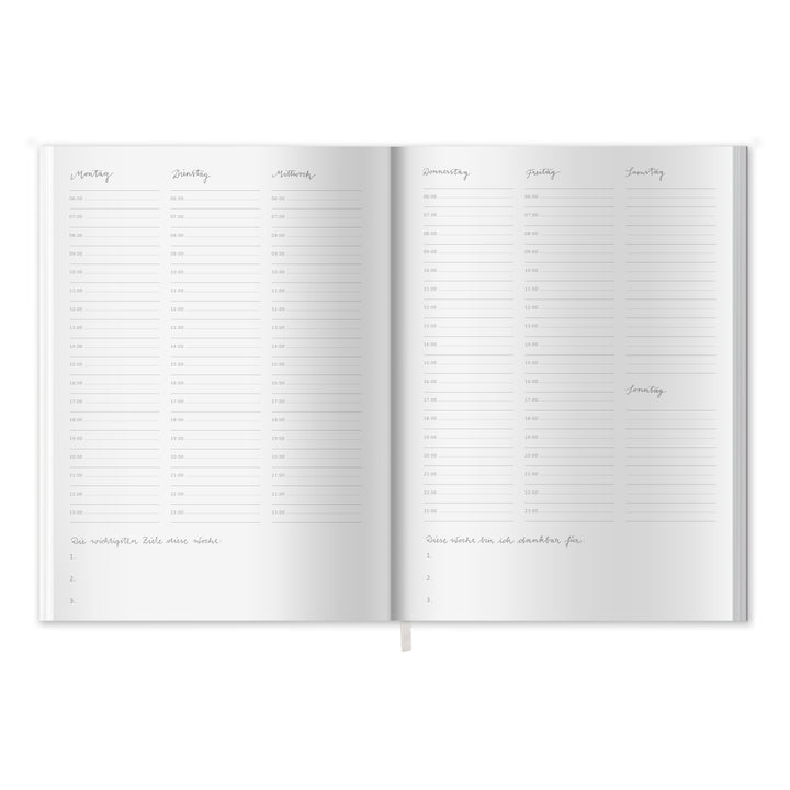 A5 Terminkalender - Kalender ohne Jahr quer | Wochenplaner und Achtsamkeit Notizbuch | Softcover Taschenkalender & Terminplaner | Violett Lila Weiß