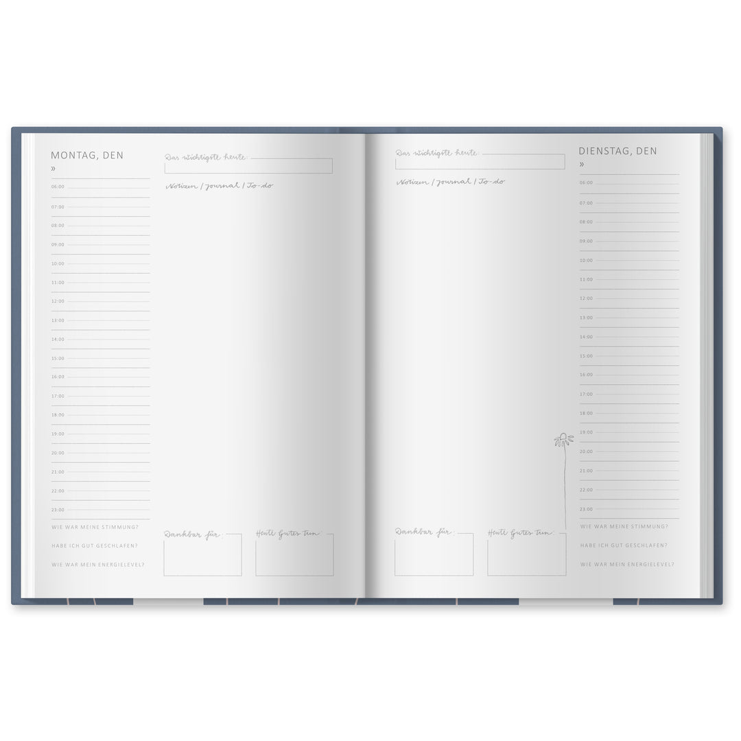 A5 Terminkalender undatiert - Klar durchs Jahr | Tagesplaner und Notizbuch für mehr Achtsamkeit | Hardcover Taschenkalender Terminplaner | Blau Rosa