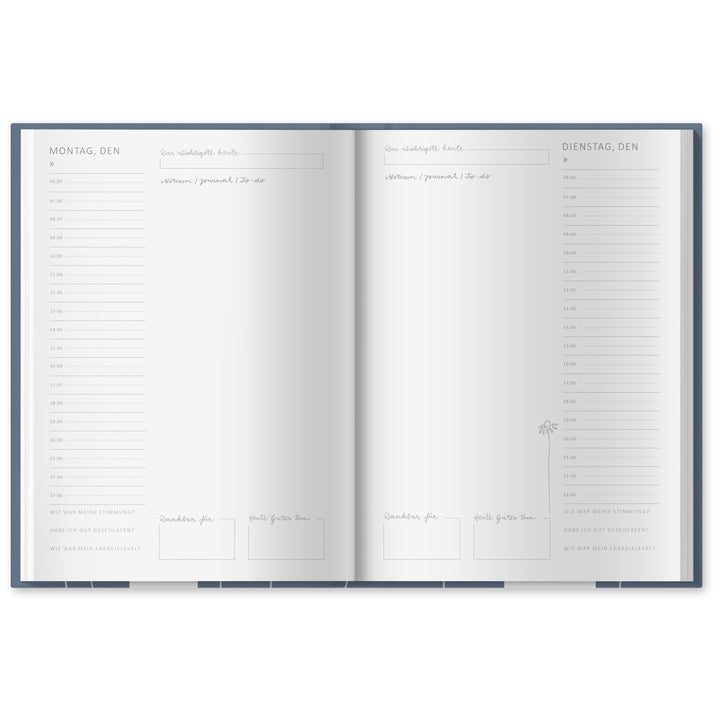 A5 Terminkalender undatiert - Klar durchs Jahr | Tagesplaner und Notizbuch für mehr Achtsamkeit | Hardcover Taschenkalender Terminplaner | Blau Rosa