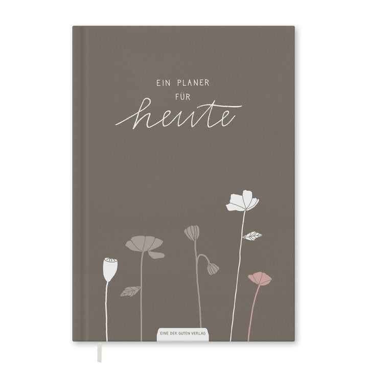 A5 Terminkalender - Kalender ohne Jahr quer | Wochenplaner und Achtsamkeit Notizbuch | Hardcover Taschenkalender & Terminplaner | Grau Beige Weiß, Blumen