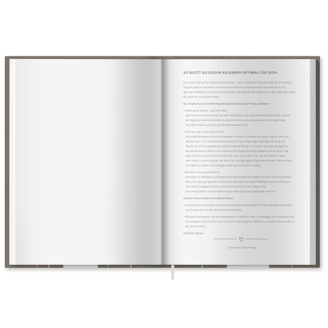A5 Terminkalender - Kalender ohne Jahr quer | Wochenplaner und Achtsamkeit Notizbuch | Hardcover Taschenkalender & Terminplaner | Grau Beige Weiß, Blumen