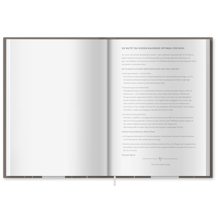 A5 Terminkalender - Kalender ohne Jahr quer | Wochenplaner und Achtsamkeit Notizbuch | Hardcover Taschenkalender & Terminplaner | Grau Beige Weiß, Blumen