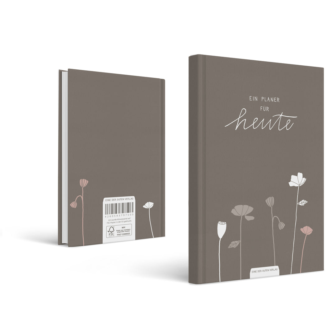 A5 Terminkalender - Kalender ohne Jahr quer | Wochenplaner und Achtsamkeit Notizbuch | Hardcover Taschenkalender & Terminplaner | Grau Beige Weiß, Blumen