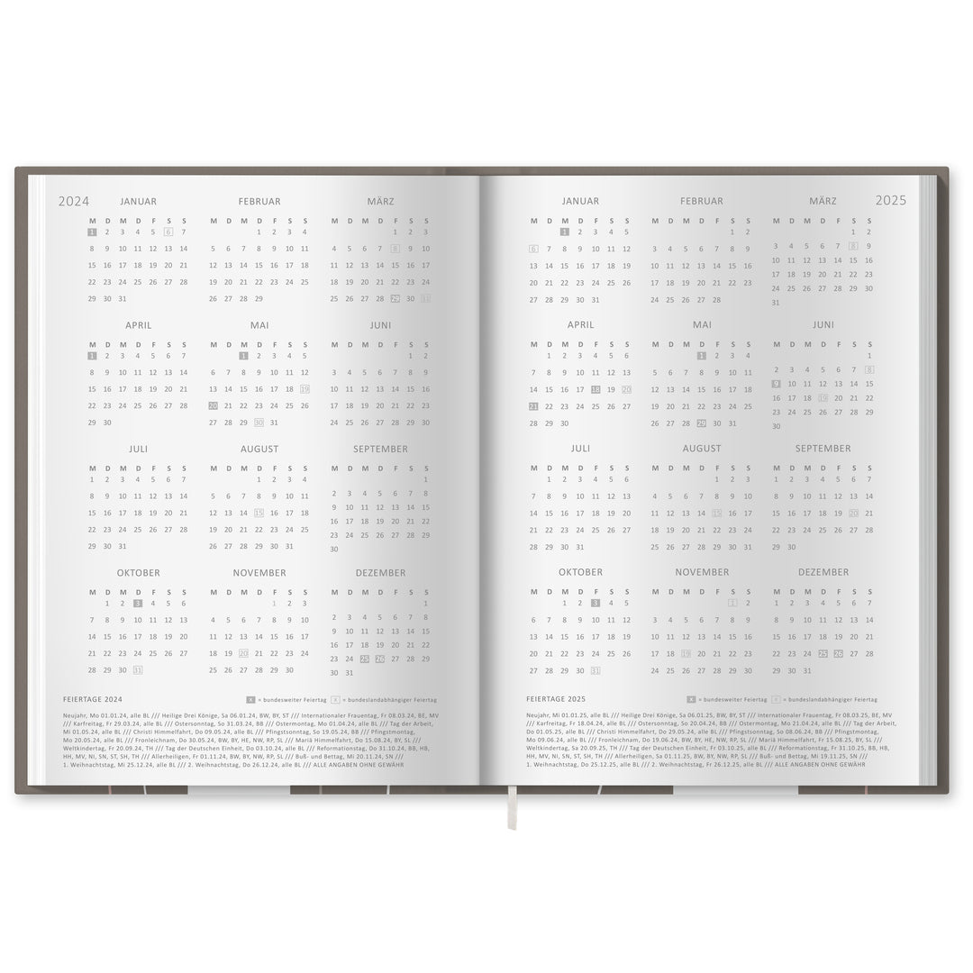 A5 Terminkalender - Kalender ohne Jahr quer | Wochenplaner und Achtsamkeit Notizbuch | Hardcover Taschenkalender & Terminplaner | Grau Beige Weiß, Blumen