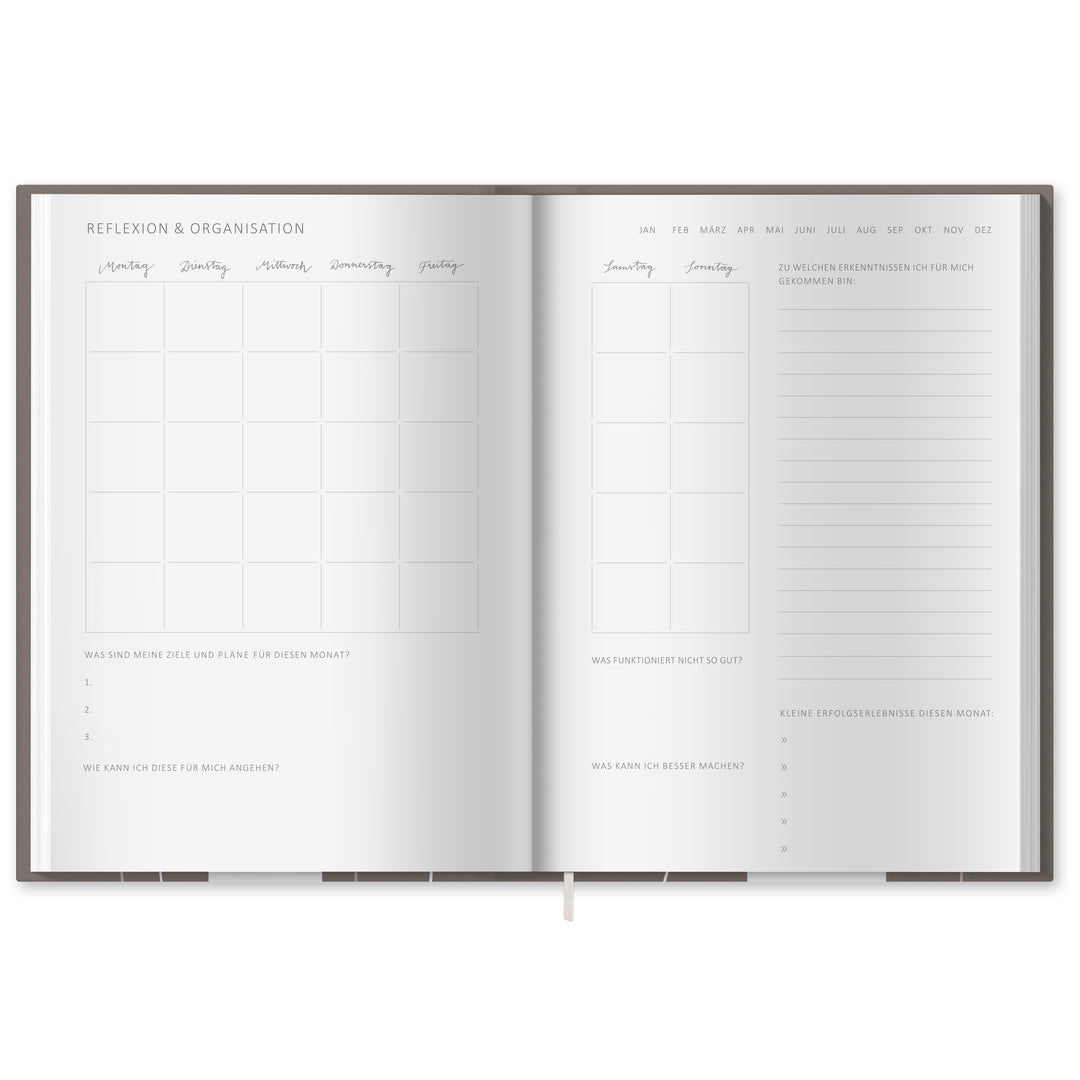 A5 Terminkalender - Kalender ohne Jahr quer | Wochenplaner und Achtsamkeit Notizbuch | Hardcover Taschenkalender & Terminplaner | Grau Beige Weiß, Blumen
