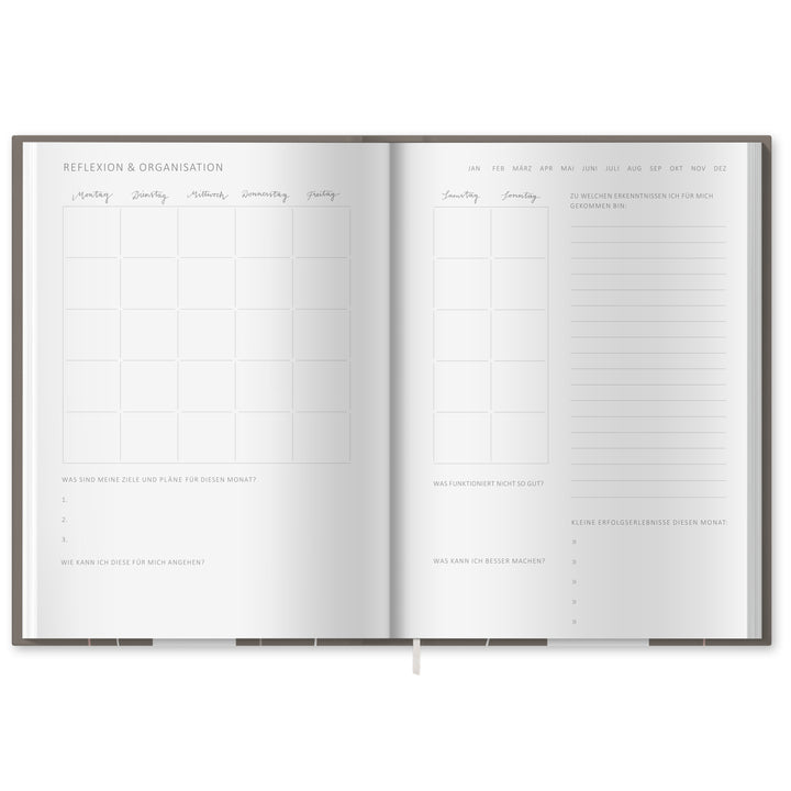 A5 Terminkalender - Kalender ohne Jahr quer | Wochenplaner und Achtsamkeit Notizbuch | Hardcover Taschenkalender & Terminplaner | Grau Beige Weiß, Blumen