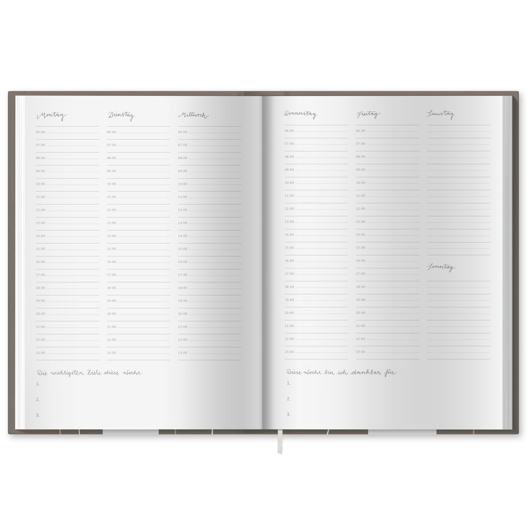 A5 Terminkalender - Kalender ohne Jahr quer | Wochenplaner und Achtsamkeit Notizbuch | Hardcover Taschenkalender & Terminplaner | Grau Beige Weiß, Blumen