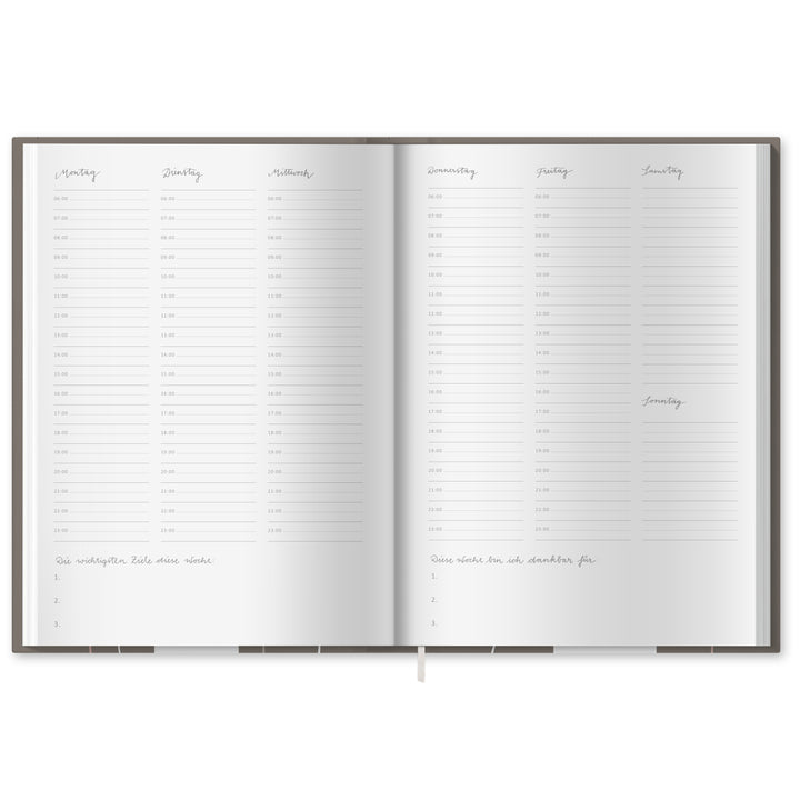 A5 Terminkalender - Kalender ohne Jahr quer | Wochenplaner und Achtsamkeit Notizbuch | Hardcover Taschenkalender & Terminplaner | Grau Beige Weiß, Blumen