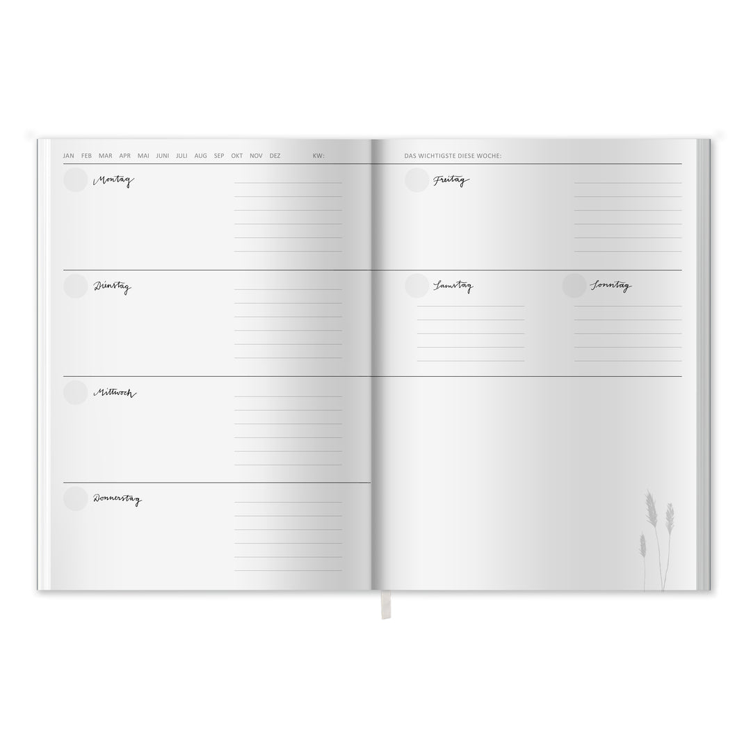 A5 Terminkalender - Kalender ohne Jahr | Wochenplaner und Notizbuch für mehr Achtsamkeit | Softcover Taschenkalender & Terminplaner | Grau Rosa mit Blumen