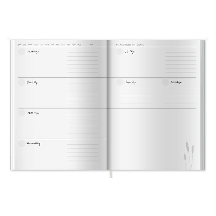 A5 Terminkalender - Kalender ohne Jahr | Wochenplaner und Notizbuch für mehr Achtsamkeit | Softcover Taschenkalender & Terminplaner | Grau Rosa mit Blumen