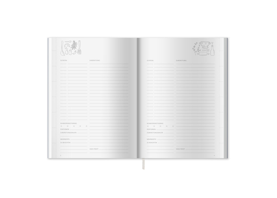 Rezeptbuch A5 zum Selberschreiben - Lieblingsrezepte für die Seele | DIY Kochbuch, Backbuch, Geschenkidee | Blau Weiß Orange Kräuter Design, FSC Papier, Softcover