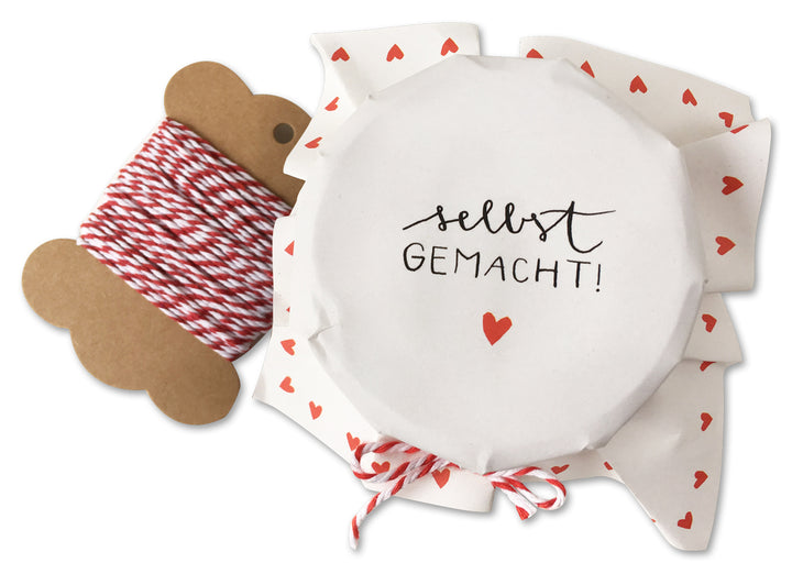 25 Marmeladendeckchen - selbst gemacht! | Gläserdeckchen Weiß für Marmelade & Einmachgläser | Recyclingpapier Abreißblock, 10 m Garn, Justiergummi