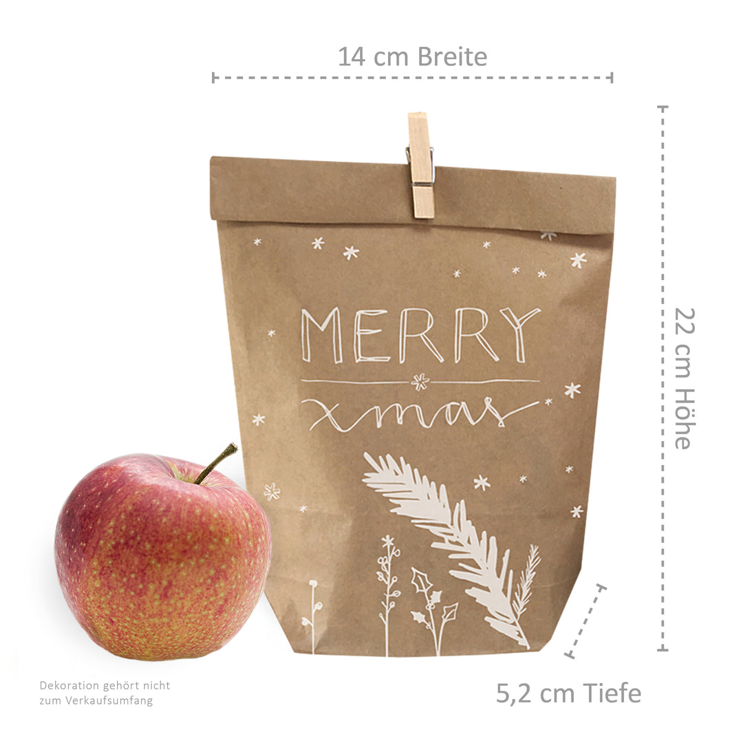 24 Weihnachtstüten Geschenktüten - merry xmas | Geschenkpapier Alternative für Geschenke, Plätzchen, Kekse | 14 cm x 22 cm | mit 24 FSC Holz Miniklammern