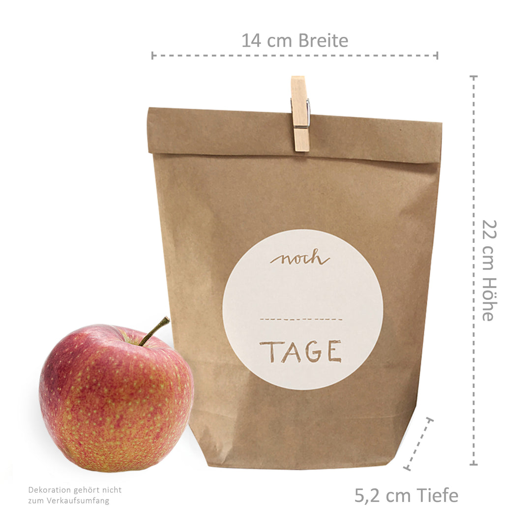 Adventskalender Geschenktüten zum selbst Befüllen - noch... Tage | 24 Weihnachtsdeko Countdown Kraftpapiertüten | 14 cm x 22 cm | mit 24 FSC Holz Miniklammern