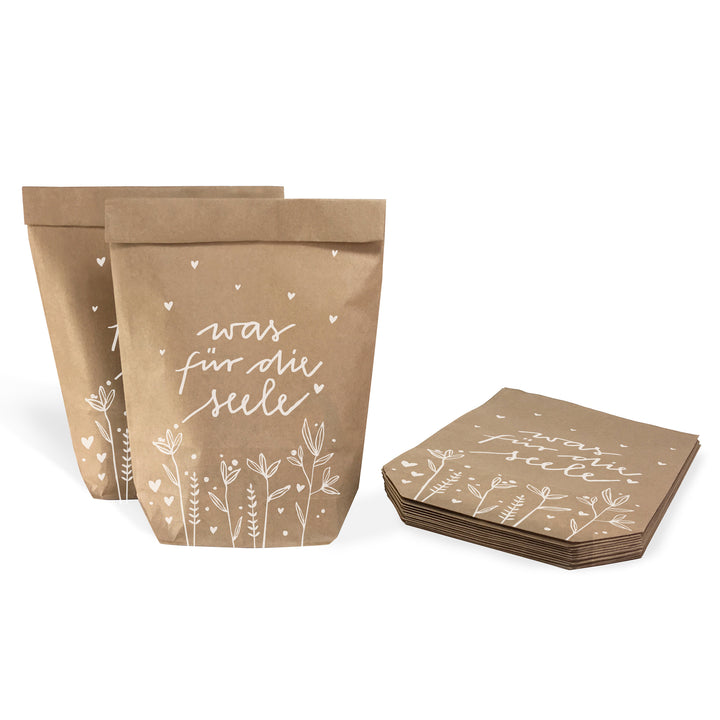 12 Geschenktüten - was für die Seele | für persönliche Geschenke & Süßes zu Weihnachten, Geburtstag, Abschied | Geschenkpapier Alternative | 14 x 22 cm | Beige Weiß