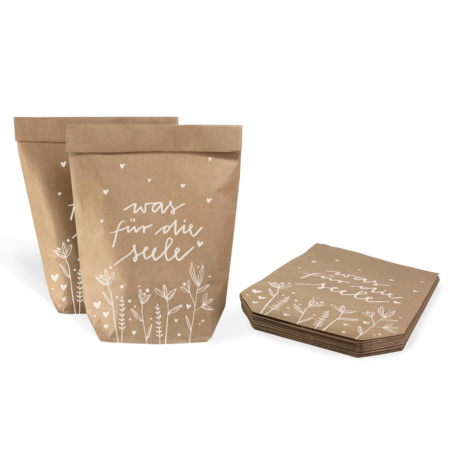 12 Geschenktüten - was für die Seele | für persönliche Geschenke & Süßes zu Weihnachten, Geburtstag, Abschied | Geschenkpapier Alternative | 14 x 22 cm | Beige Weiß