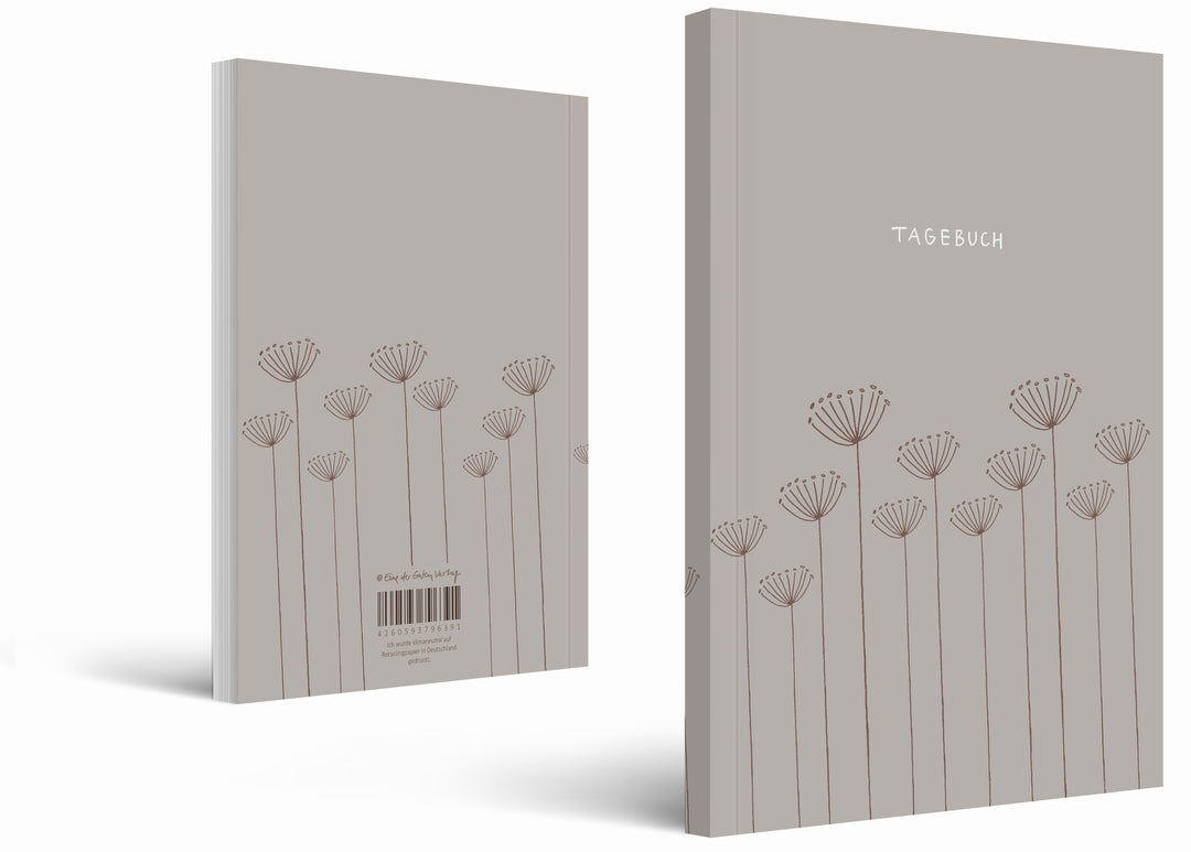 Liebes Tagebuch – Notizbuch für Erwachsene und Teenager, 92 Seiten liniert, A5 Softcover, FSC Papier, Grau Beige mit Blumen