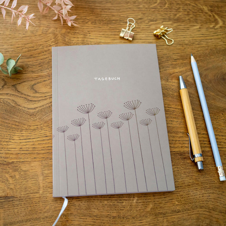 Liebes Tagebuch – Notizbuch für Erwachsene und Teenager, 92 Seiten liniert, A5 Softcover, FSC Papier, Grau Beige mit Blumen