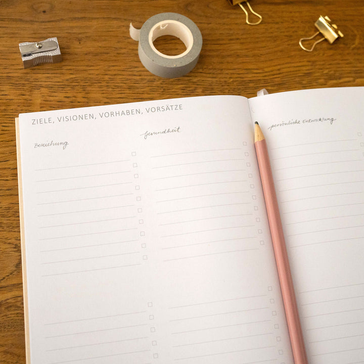 A5 Terminkalender - Kalender ohne Jahr | Wochenplaner Notizbuch für mehr Achtsamkeit | Softcover Taschenkalender & Terminplaner | Creme Beige Blau Rot Gelb