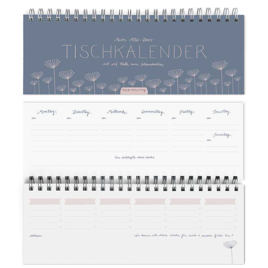 Tischkalender undatiert im Vintage Design | Ein ganzes Jahr | Querformat, blau rosa, umweltfreundlich aus FSC-Papier | Wochenplaner & Terminplaner