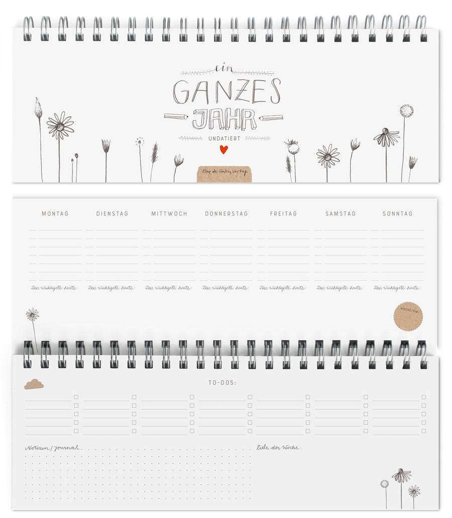 Tischkalender immerwährend im Vintage Design | Ein ganzes Jahr | Querformat, Weiß, umweltfreundlich aus FSC-Papier | Wochenplaner & Terminplaner