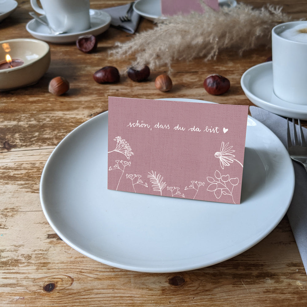Tischkarten Schön, dass du da bist | Chic Rosa | Namenskarten und Tischdeko für Hochzeit oder Taufe | Recyclingpapier Platzkarten zum beschriften