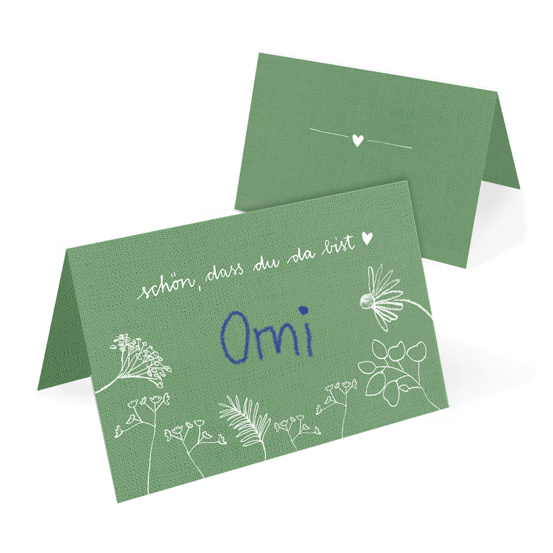 Tischkarten Schön, dass du da bist | Grün Weiß mit Blumen | Namenskarten und Tischdeko für Hochzeit oder Taufe | Recyclingpapier Platzkarten zum beschriften
