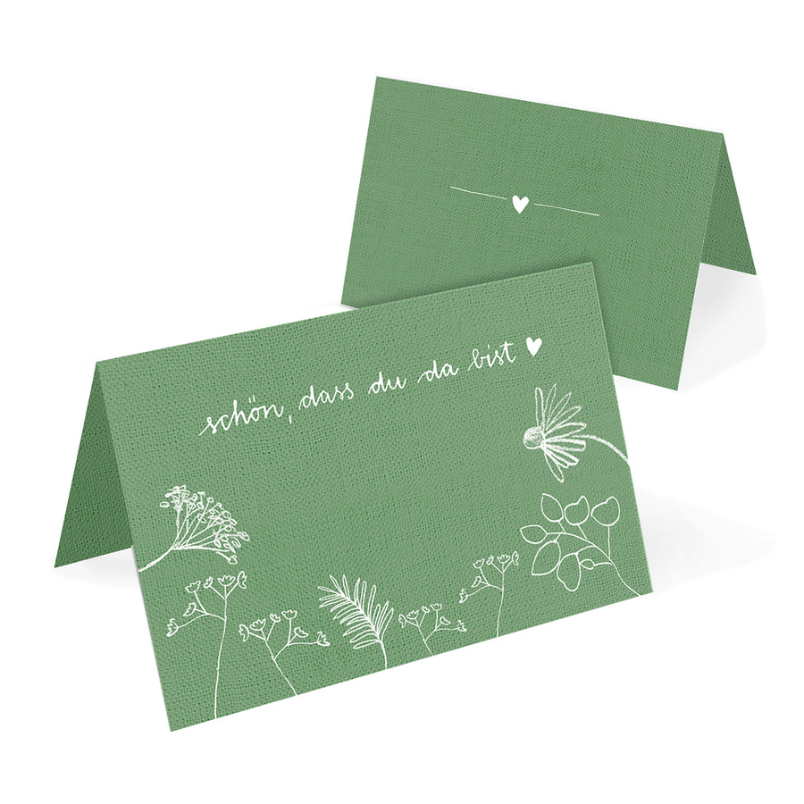 Tischkarten Schön, dass du da bist | Grün Weiß mit Blumen | Namenskarten und Tischdeko für Hochzeit oder Taufe | Recyclingpapier Platzkarten zum beschriften