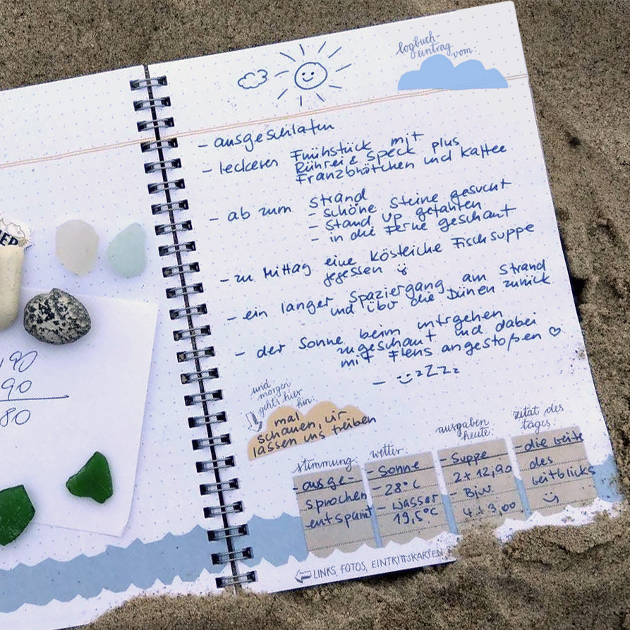 A5 Reisetagebuch zum selberschreiben & gestalten, Logbuch einer Reise, Vintage Design, Weiß Beige Blau