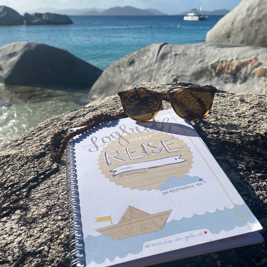 A5 Reisetagebuch zum selberschreiben & gestalten, Logbuch einer Reise, Vintage Design, Weiß Beige Blau