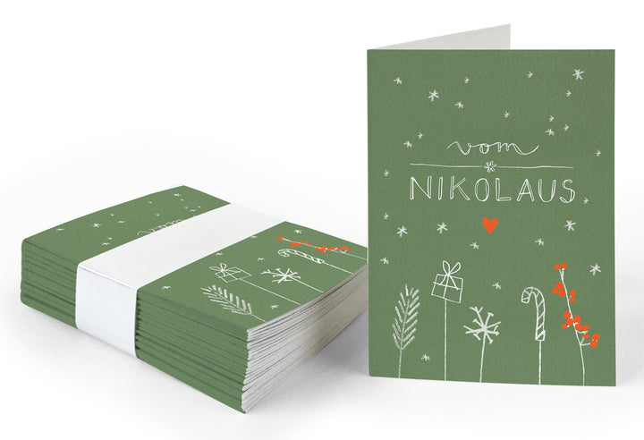 25 Geschenkanhänger vom Nikolaus Grün Weiß Rot | originelle mini Weihnachtskarten zum Weihnachtsgeschenke Beschriften | A7 Recyclingpapier Klappkarten