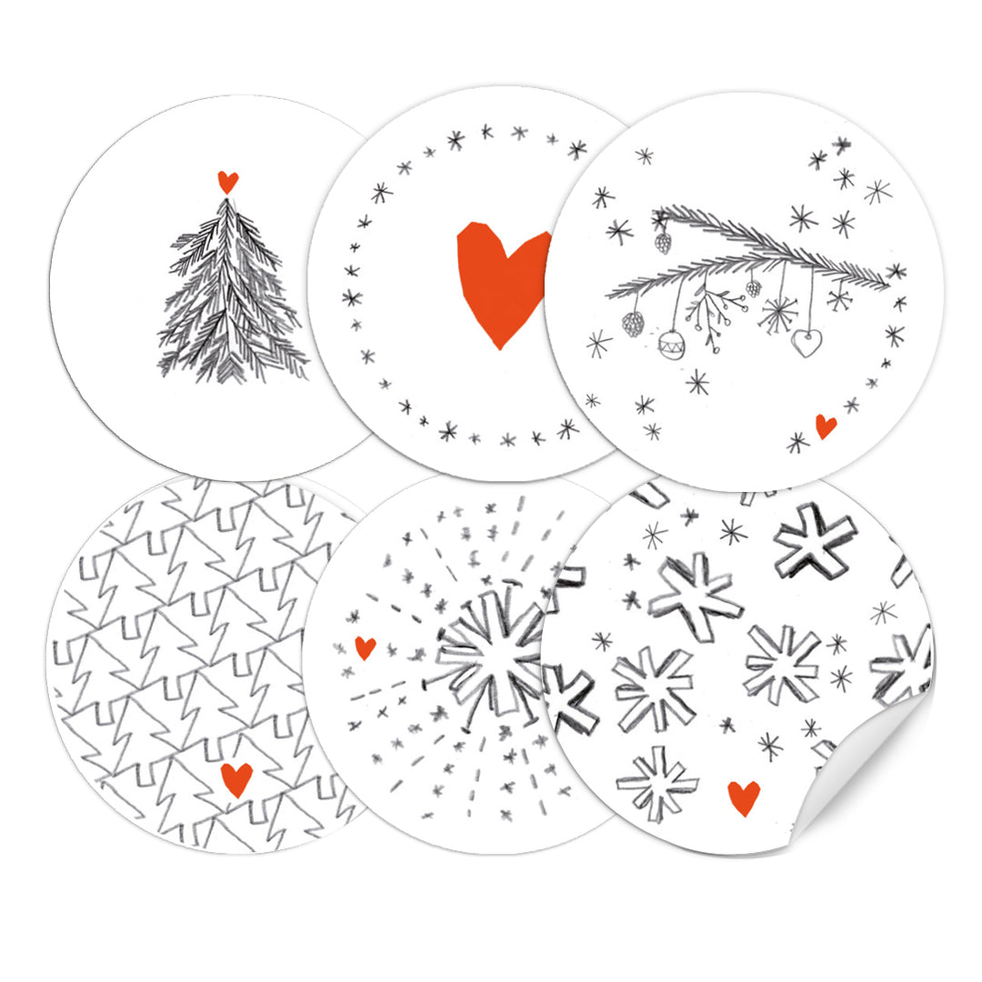 24 Weihnachtsdeko Aufkleber im Bleistift Design, runde Sticker gemischt, 6 Motive, 4 cm - Grau Weiß Rot -