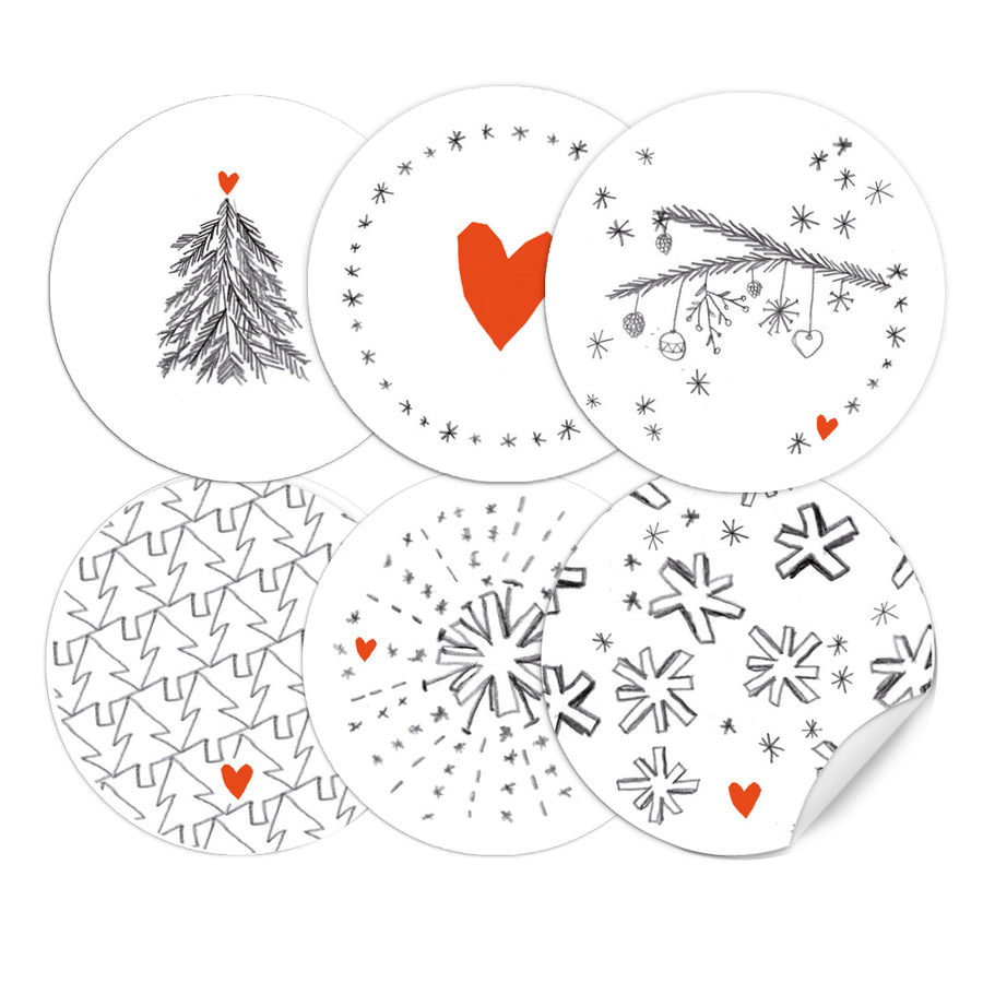 24 Weihnachtsdeko Aufkleber im Bleistift Design, runde Sticker gemischt, 6 Motive, 4 cm - Grau Weiß Rot -