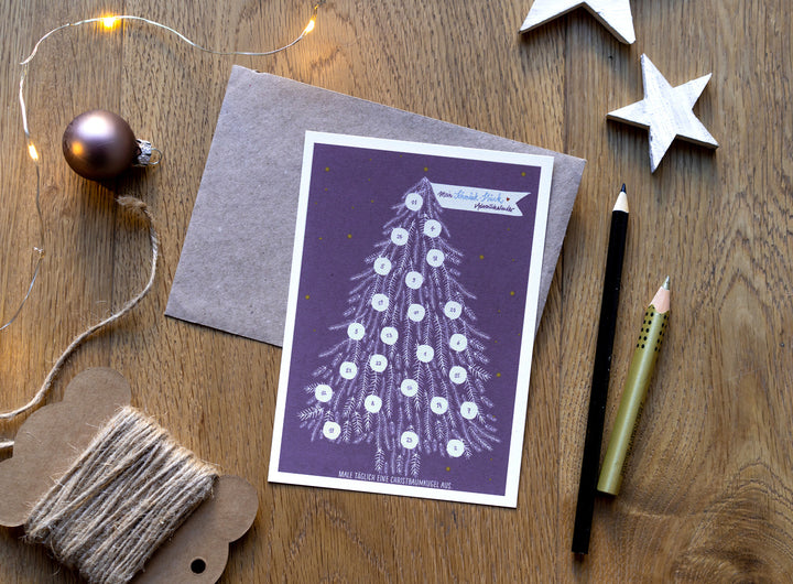 Adventskalender Postkarten mit Baumkugeln zum Ausmalen | Mini Adventskalender als Alternative für Weihnachtskarten & Weihnachtsgrüße | Lila Weiß