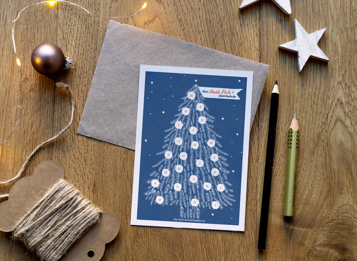 Adventskalender Postkarten mit Baumkugeln zum Ausmalen | Mini Adventskalender als Alternative für Weihnachtskarten & Weihnachtsgrüße | Blau Weiß Rot