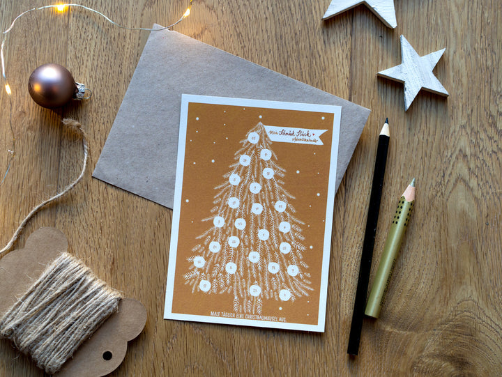 Adventskalender Postkarten mit Baumkugeln zum Ausmalen | Mini Adventskalender als Alternative für Weihnachtskarten & Weihnachtsgrüße | Kupfer Weiß