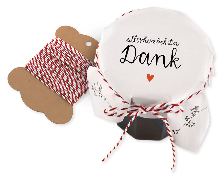 25 Marmeladendeckchen allerherzlichsten Dank | Gläserdeckchen Weiß für Marmelade & Einmachgläser | Recyclingpapier Abreißblock + 10 m Garn + Justiergummi