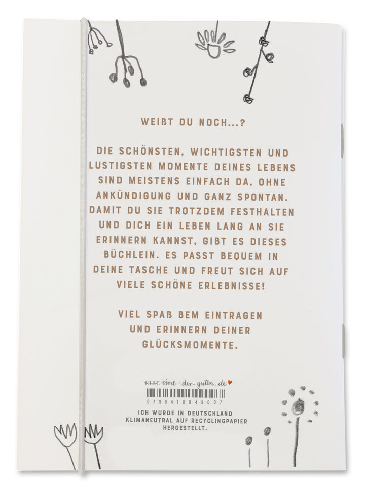 Das kleine Buch der großen Momente | A6 Eintragbuch für die schönsten Erinnerungen, Kindermund, etc. |  mit Gummiband | weiß beige