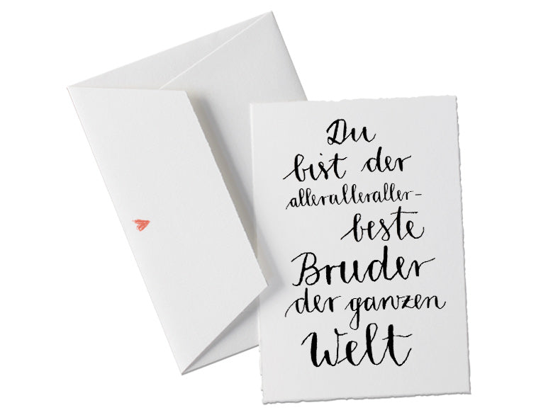 Du bist der allerallerallerbeste Bruder der ganzen Welt, Spruch Glückwunschkarte Postkarte für den Bruder, Brüder, Geschwister, Dankeskarte für den besten Freund oder allgemeine Grußkarte als Dankeschön, zum Geburtstag, klassisch, mit Herz - Umschlag