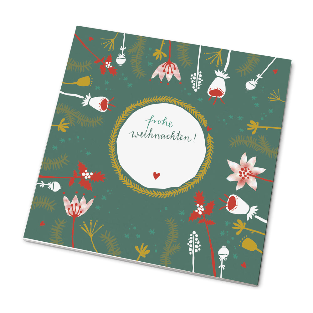 25 MINI Marmeladendeckchen Frohe Weihnachten! | Gläserdeckchen grün für Marmelade & Weihnachtsgeschenke | Abreißblock + 10 m Garn + Justiergummi