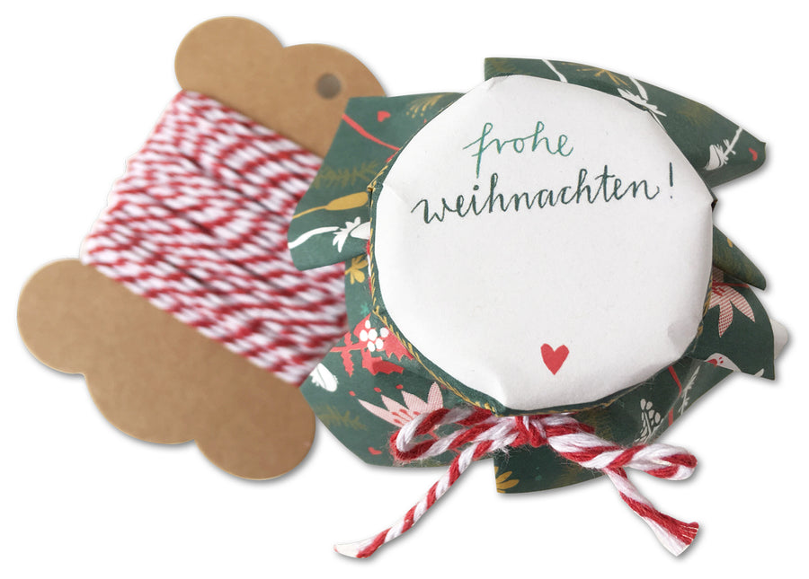 25 MINI Marmeladendeckchen Frohe Weihnachten! | Gläserdeckchen grün für Marmelade & Weihnachtsgeschenke | Abreißblock + 10 m Garn + Justiergummi