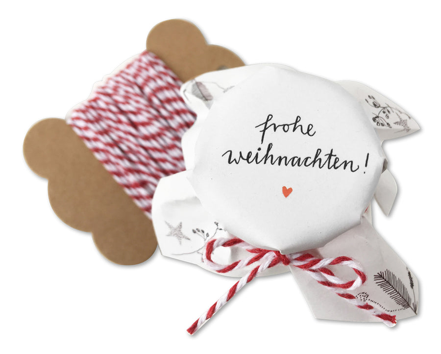 25 MINI Marmeladendeckchen Frohe Weihnachten | Gläserdeckchen für Weihnachtsgeschenke | ideal für kleine Gläser | Inkl. 10 m Garn + Justiergummi