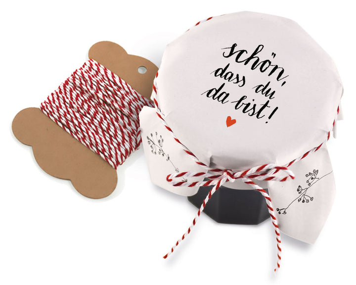 25 Marmeladendeckchen schön, dass du da bist | Gläserdeckchen Weiß für Marmelade & Einmachgläser | Recyclingpapier Abreißblock, 10 m Garn, Justiergummi