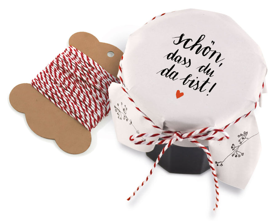 25 Marmeladendeckchen schön, dass du da bist | Gläserdeckchen Weiß für Marmelade & Einmachgläser | Recyclingpapier Abreißblock, 10 m Garn, Justiergummi