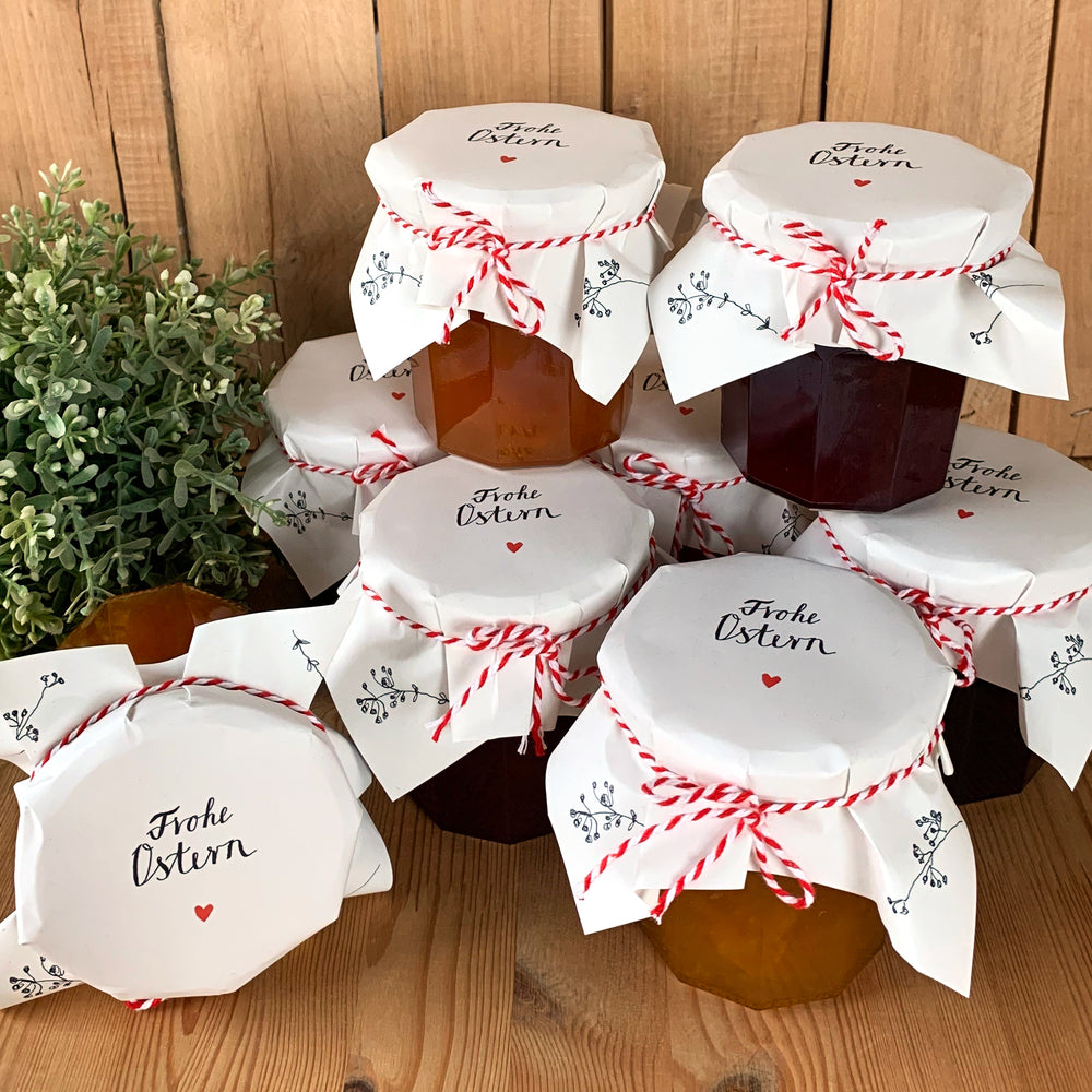 25 Marmeladendeckchen - Frohe Ostern | Gläserdeckchen Weiß für Marmelade & Einmachgläser | Recyclingpapier Abreißblock + 10 m Garn + Justiergummi